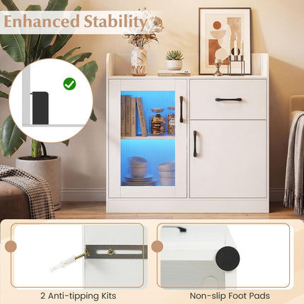 Dreamade RGB LED Buffet Sideboard | White Kitchen Storage Cabinet with Charging Station