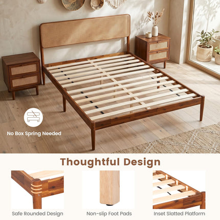 Dreamade Wooden Bed Frame Full/Twin/Queen Size with Rattan Headboard