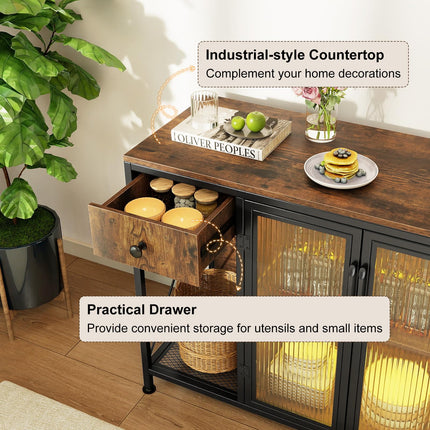 Dreamade Industrial Buffet Sideboard with Power Outlets and LED Light