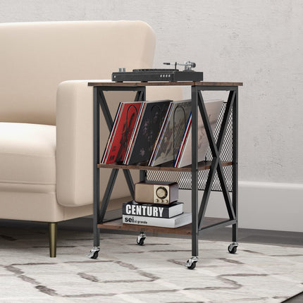 Dreamade Record Player Stand, Vinyl Record Storage Table w/ 3 M-shaped Dividers & 4 Rolling Wheels, Rustic Brown