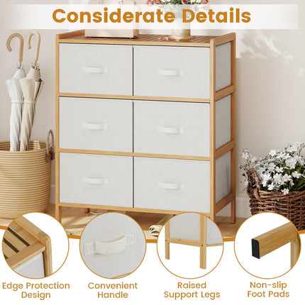 Dreamade White Dresser for Bedroom Bamboo 6 Fabric Drawers Storage Tower with Top Shelf