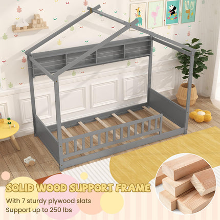 Dreamade Twin Floor House Bed with Storage Shelf, Wood Twin Bed Frames with Headboard & Guardrail