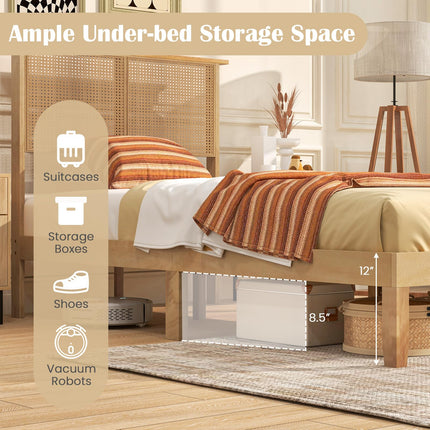 Dreamade Queen/Full/Twin Size Bed Frames with Rattan Headboard, Boho Solid Wood Platform Bed with Wooden Slats