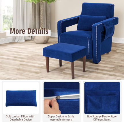 Dreamade Modern Accent Chair with Ottoman, Soft Berber Fleece Armchair Single Sofa and Footstool Set w/Waist Pillow