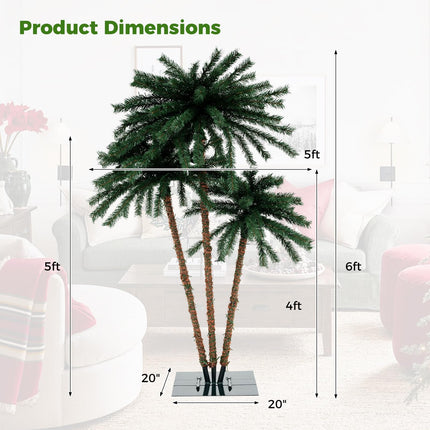 Dreamade Pre-Lit Artificial Christmas Tree, 4/5/6 FT Triple Coconut Plam Trees with Metal Base