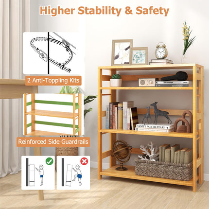 Dreamade 4-Tier Bookshelf, 34.5" Floor Storage Shelf w/Rubber Wood Frame, Anti-Toppling Kits, Side Fences