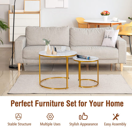 Dreamade Nesting Coffee Table Set of 2, Round Stacking Side Tables with Wooden Tabletop & Powder Coated Steel Frame