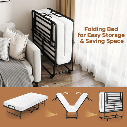 Dreamade Twin Folding Bed Frame with 5 Inch Mattress, Portable Rollaway Guest Bed, 75" x 38"