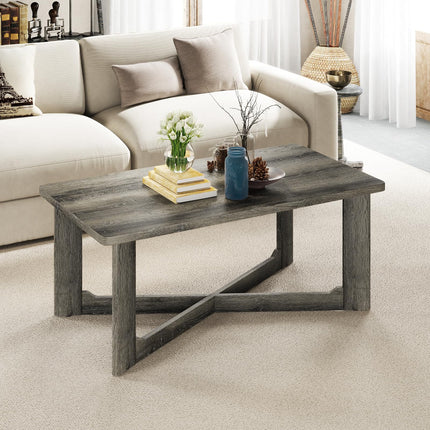 Dreamade Farmhouse Wood Coffee Table Rectangle Center Table with X-Shaped Base & Rubber Wood Frame