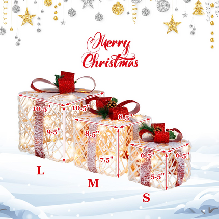 Lighted Gift Boxes Christmas Decoration, Set of 3 White Present Ornament Boxes with 60 LED Lights - DreamadeUS