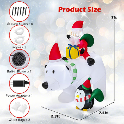 Dreamade 7FT Christmas Inflatables, LED Lighted Xmas Inflatable Polar Bear with Shaking Head, Santa & Penguin