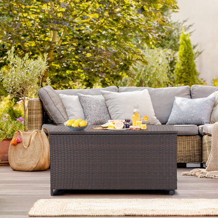 Dreamade Outdoor Wicker Storage Box - 50 Gallon PE Rattan Storage Container with Lid, Mix Brown