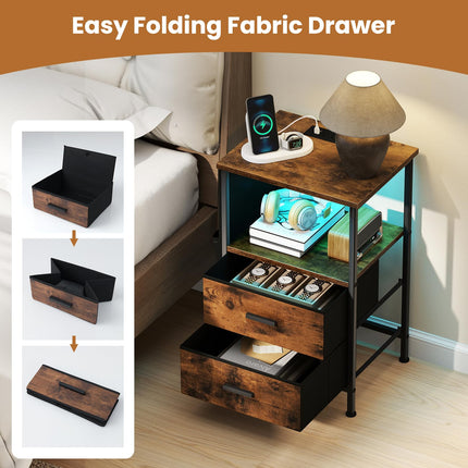 Dreamade Night Stand with Charging Station | LED Sofa End Table w/2 Folding Fabric Drawers