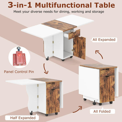 Dreamade Folding Dining Table 3-in-1 Space-Saving Drop Leaf Kitchen Table with Lockable Wheels