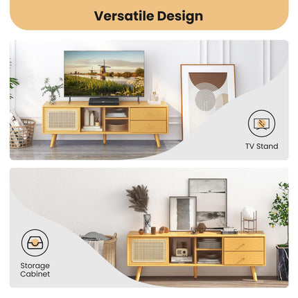 Dreamade Bamboo TV Stand for 55 60 65 Inch TV, PE Rattan Entertainment Center with Sliding Doors