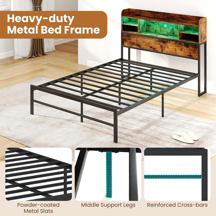 Dreamade Full Size Industrial Metal Bed Frame with LED Lights & Charging Station