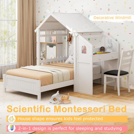 Dreamade Twin House Bed with Desk & Chair, Wood Kids Playhouse Bed with 2 Drawers