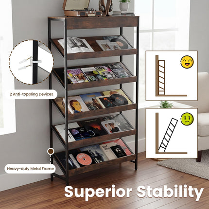 Dreamade 6-Tier Industrial Tall Bookcase with Angled Shelves and Metal Frame
