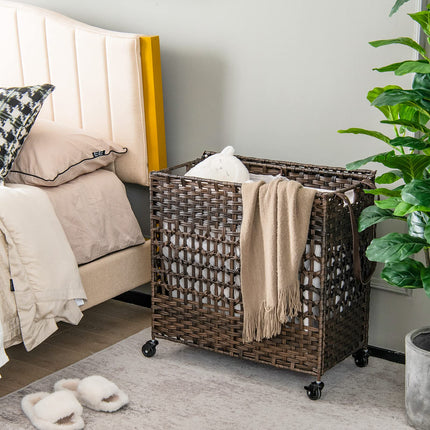 Dreamade Laundry Hamper with Wheels and Lid, 33 Gal (125L) Wicker Laundry Basket, 2 Removable Liner Bags