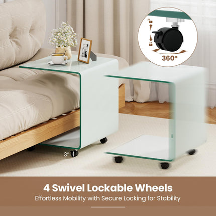 Dreamade C-Shaped End Table with Wheels - Mobile Tempered Glass Sofa Couch Side Table w/2-Tier Storage Shelf