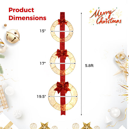 Dreamade Set of 3 Pre-Lit Wreaths, 5.8 FT Xmas Light-up Decorations on Red Ribbon with 450 LED Lights