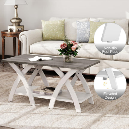 Dreamade Farmhouse Coffee Table 2-Tier Wood Center Table with Storage Shelf & X-Shaped Support Legs