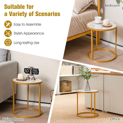 Dreamade Faux Marble Side Table, Round End Table with Golden Metal Frame and White Marble Top