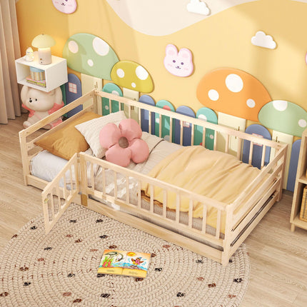 Dreamade Twin Floor Bed with High Fence & Door