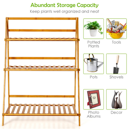 Dreamade 3 Tier Folding Storage Shelf, Bamboo Ladder Plant Stand