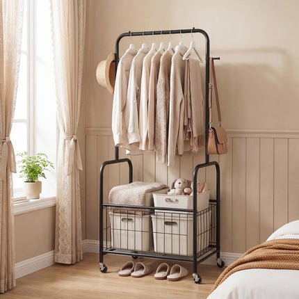Dreamade 35" Clothes Rack with Storage Basket & Lockable Wheels