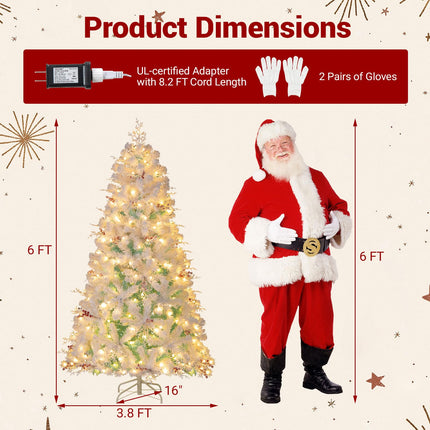 Dreamade 6FT / 7FT Hinged Lighted Xmas Tree with Snow Flocked Branch Tips & LED Lights