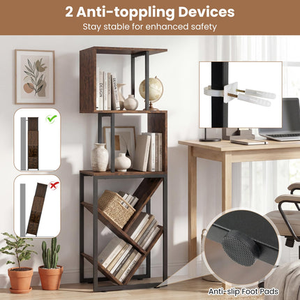 Dreamade 6-Tier Bookshelf | Industrial S-Shaped Geometric Bookcase with Open Display Shelves