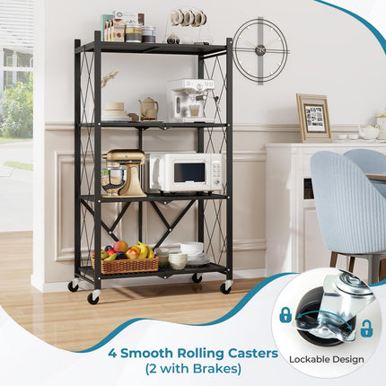 Dreamade 4-Tier Foldable Storage Shelf, Collapsible Shelving Unit Display with Lockable Wheels