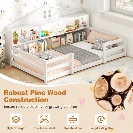 Dreamade Montessori Floor Bed with LED Lights 2-in-1 Wooden House Bed Frame with Safety Guardrails