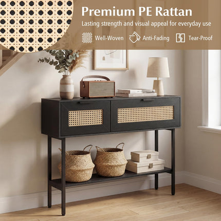 Dreamade Rattan Console Table Boho Entryway Table with 2 Storage Cabinets