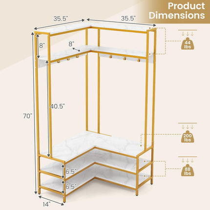Dreamade Corner Coat Rack with Shoe Bench, L-shaped Garment Rack with 5 Shelves & 7 Hooks