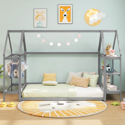 Dreamade Twin Floor Bed, Wood Montessori Floor Bed with Detachable 3 Tier Storage Bookshelf & Clothes Rack