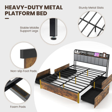 Dreamade Queen/Full/Twin Size LED Bed Frame with Charging Station, Metal Platform Bed with Upholstered Headboard & 4 Storage Drawers