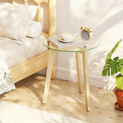 Dreamade Glass Round Side Table w/Tempered Glass Top & Rubber Wood Frame