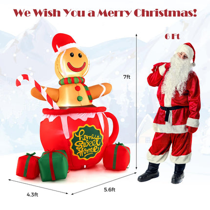 Dreamade 7 Ft Christmas Inflatable, Blow up Pre-Lit Gingerbread Man in Mug with Gift Boxes & Candy Cane
