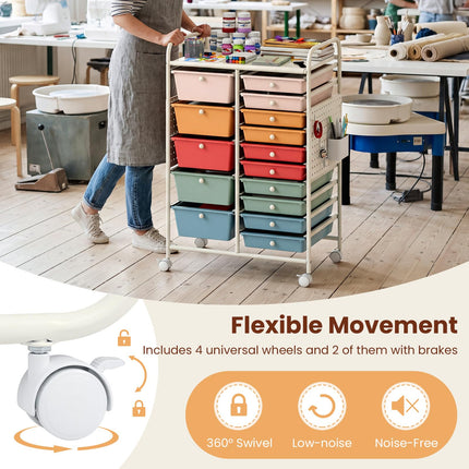 Dreamade 15 Drawer Storage Cart | Rolling Craft Cart with Metal Tabletop & Pegboard