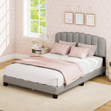 Dreamade Queen Bed Frame Linen Upholstered Platform Bed with Adjustable Scalloped Tufted Headboard