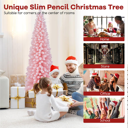 Dreamade 6ft Pink Slim Pencil Christmas Tree, Artificial Unlit Skinny Xmas Full Tree with 460 Branch Tips