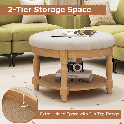 Dreamade Large Ottoman Coffee Table - 29 inch Oversized Round Ottoman with Storage Shelf, Flip up Top, Wood Legs