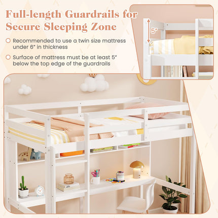 Dreamade Solid Wood Twin Loft Bed with Desk and Bookcase
