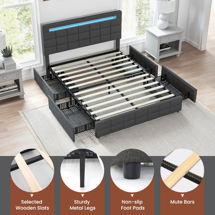 Dreamade Full/Twin Size Bed Frame with LED Lights and 4 Drawers