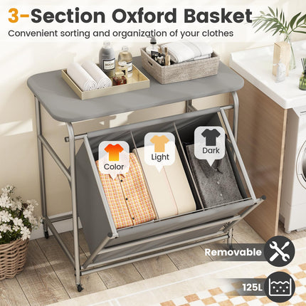 Dreamade Laundry Sorter with Foldable Ironing Board 3 Section Tilt Out Laundry Hamper with Removable Bags