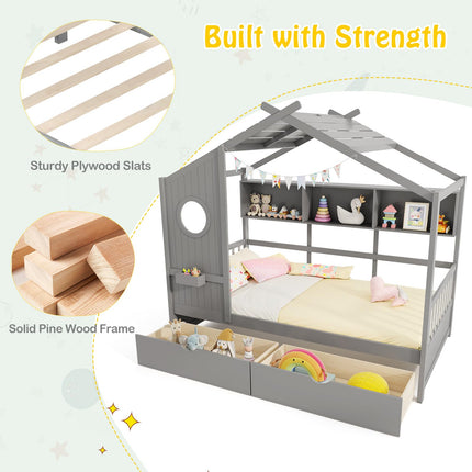 Dreamade Twin House Bed with 2 Storage Drawers, Kids Bed Frame with Storage Cubes, Montessori Bed with Fence Guardrails & Roof