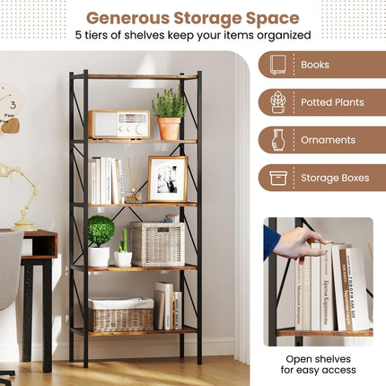 Dreamade 5-Tier Bookshelf, Industrial Tall Bookcase with Open Storage Shelves & Heavy Duty Metal Frame