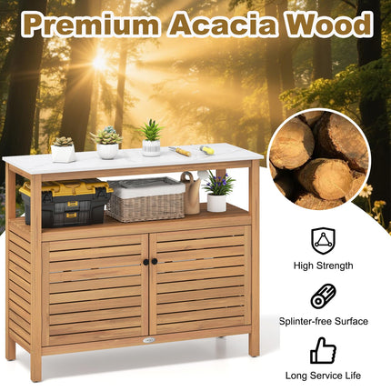Dreamade Outdoor Potting Bench Acacia Wood Large Planting Workstation with 2-Door Storage Cabinet
